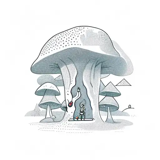 An Adventurous Scene Of A Person Climbing A Giant Mushroom In A Mystical Forest