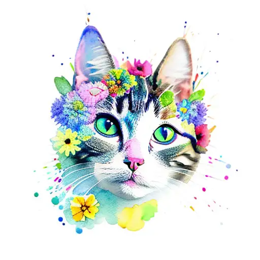 Watercolor Cat Made Of Colorful Flowers