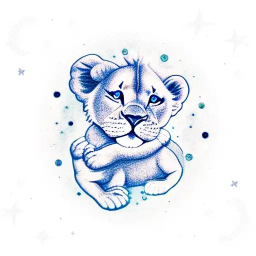 Aquarius Girl And Lion Baby Playing In A Starry Night Sky