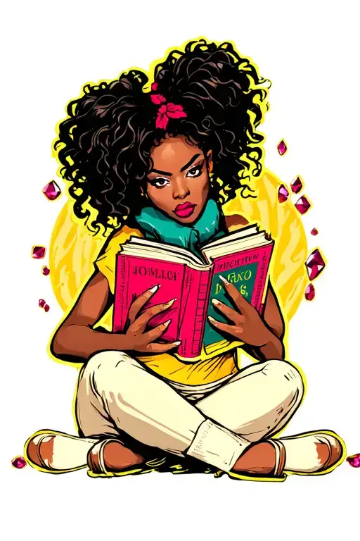 Black Woman Sitting Cross Legged Holding Books And Rubies