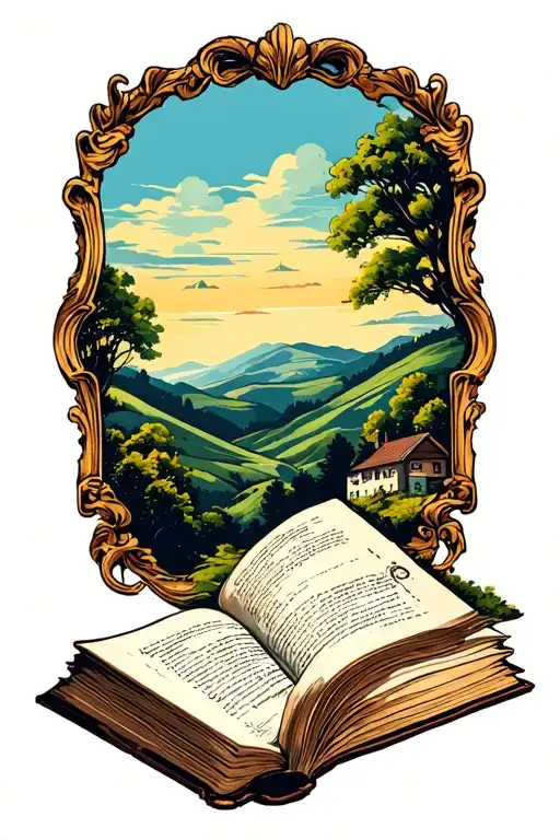 Country Hills Above Open Book With Baroque Simple Frame