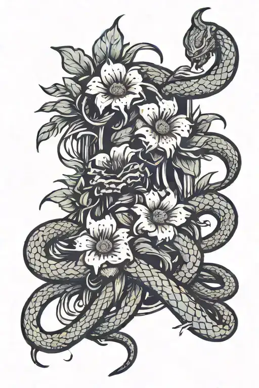Back Tattoo With A Spine And A Snake Rapping Around It With Flowers Blooming Out The Spine