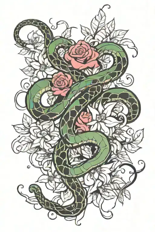 Back Tattoo With A Spine And A Snake Rapping Around It With Flowers Blooming Out The Spine