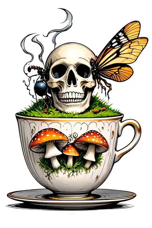 Moss Tea Cup Skull As Steam Beetles Death Moth Resting On Cup With Mushrooms