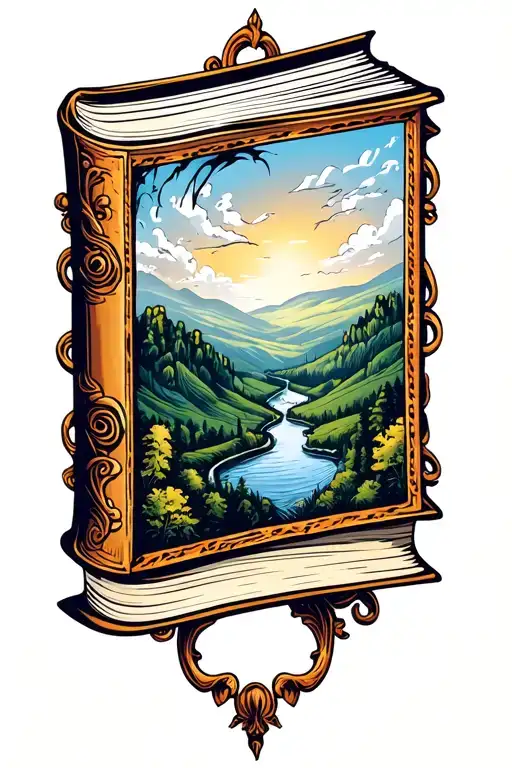 Country Hills Above Open Book With Baroque Simple Frame