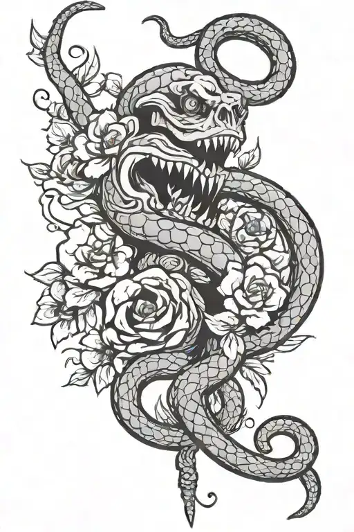 Back Tattoo With A Spine And A Snake Rapping Around It With Flowers Blooming Out The Spine