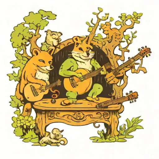 A Whimsical Scene Of A Forest With Animals Playing Instruments