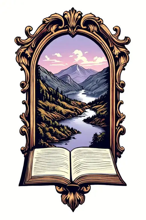 Country Hills Above Open Book With Baroque Simple Frame