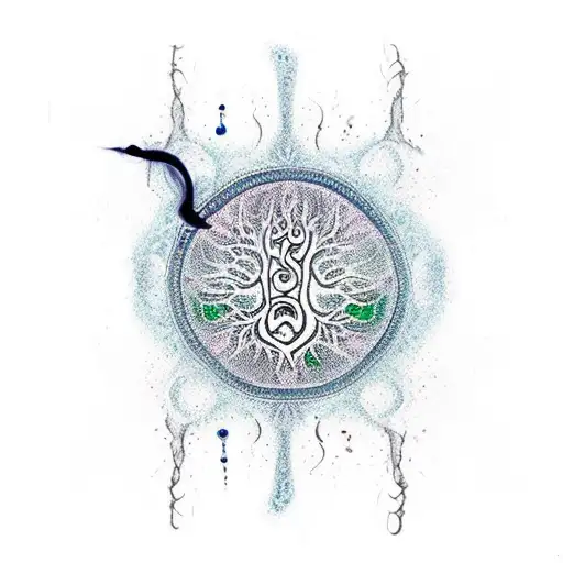 A Melted Fluid Tattoo Depicting A Cigarette Transforming Into A Tree With Intricate Mandala Patterns