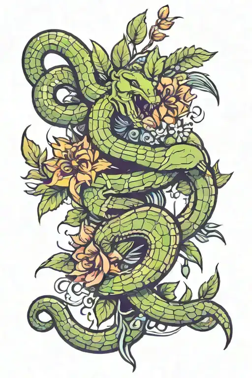 Back Tattoo With A Spine And A Snake Rapping Around It With Flowers Blooming Out The Spine