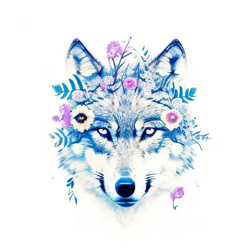 Wolf With Paws And Tail Surrounded By Flowers And Leaves
