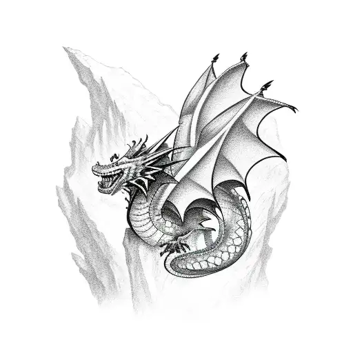 A Traditional-style Tattoo Of A Dragon Flying Over A Rocky Mountain Landscape