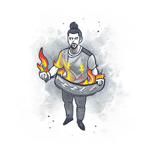 A Powerful Warrior Holding A Bag Of Money With Flames In The Background