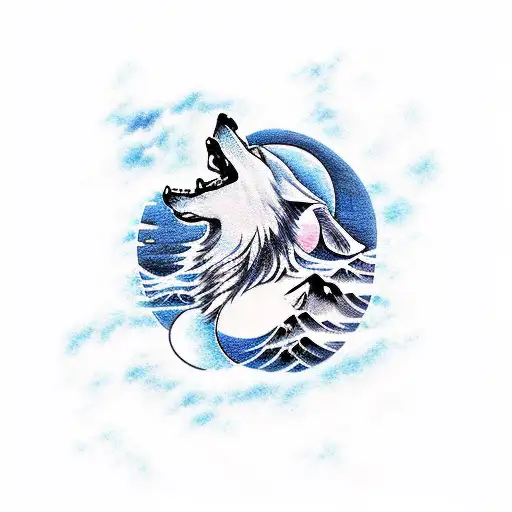 A New Schooll Tattoo Of A Wolf Howling At A Sea Wave With The Sun And Moon Yinyang As Background
