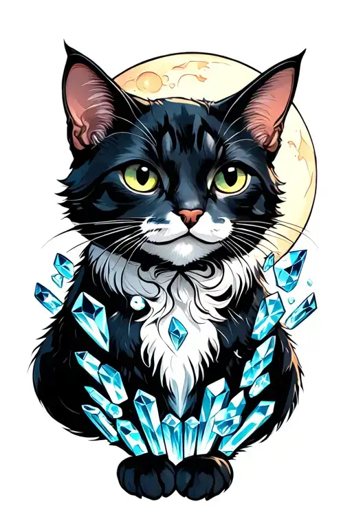 Cat With Crystals Growing Moon Behind Him