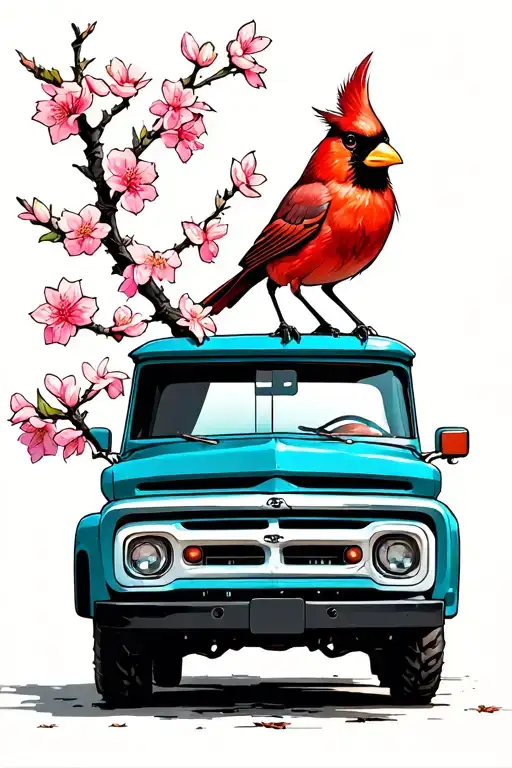 Japanese Blossoms Cardinal Perched Old Teal Blue Truck