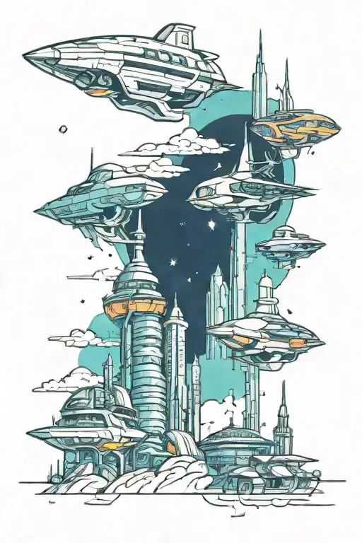 Futuristic Skyline Scape With Retro Futuristic Buildings And Space Ships