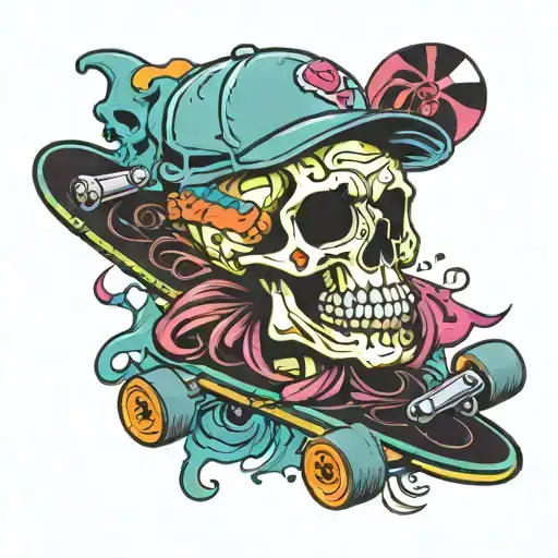 A Skull With A Skateboard For A Head Surrounded By Colorful Graffiti Art