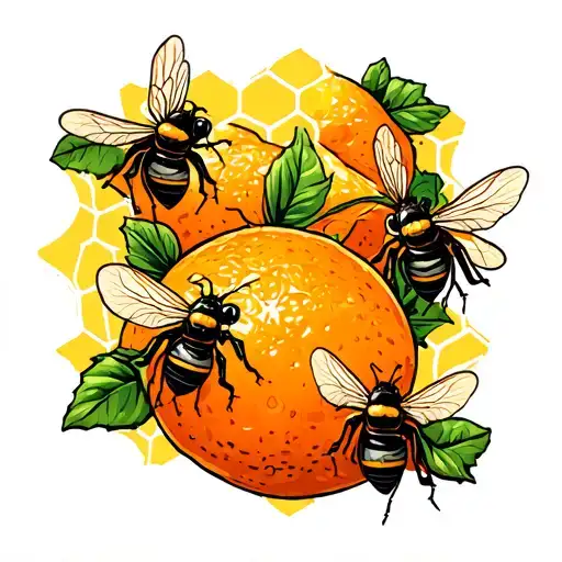 Oranges With Honeycomb Background And Bees Flying