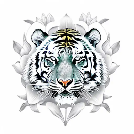 Tiger With Lily Flowers