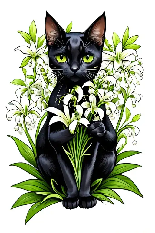 Black Female Cat Holding Lily Of The Valley Flower