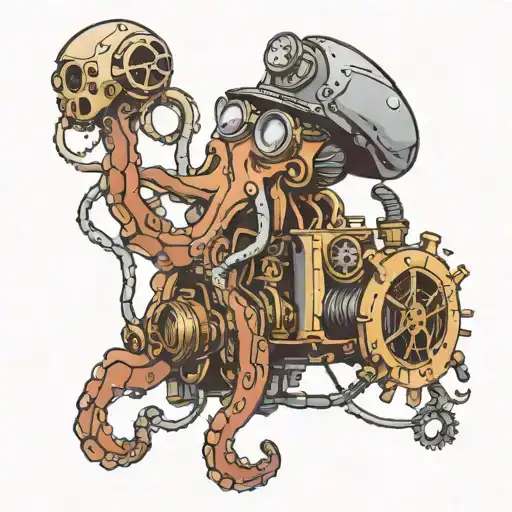 An Octopus Mechanic Working On A Steampunk Car Engine