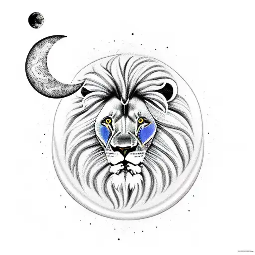 Lion With Moon In Background And Flower Below