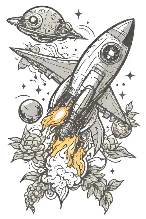 Rocket Taking Off Into Space With Plants And Aliens