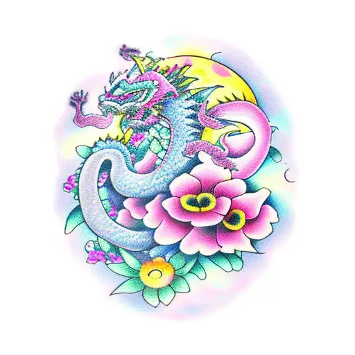 Dragon Moon And Pink Flowers