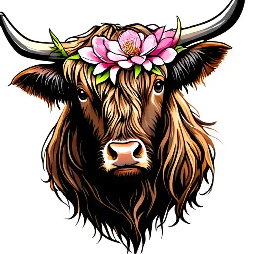 Long Hair Highland Cow Head With Magnolia Flower Bouquet