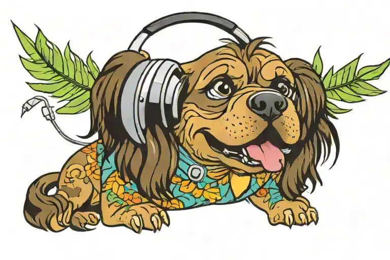 A Tattoo Of A Cuddly Dog Wearing A Hawaiian Shirt And Headphones Listening To Heavy Metal Music