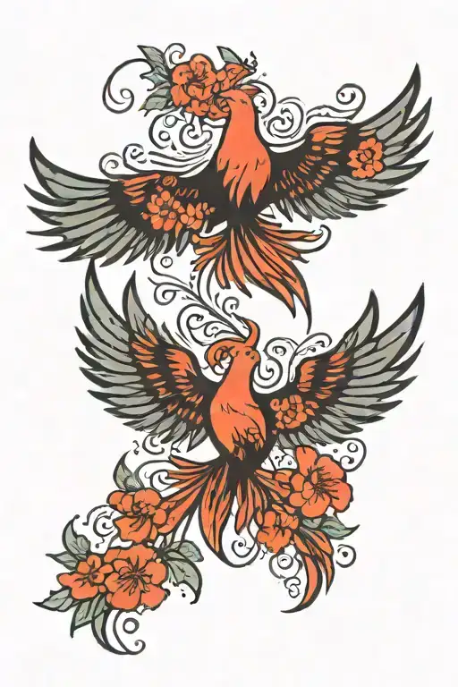 Simple Peaceful Flying Black And Red Phoenix With Flowers Back
