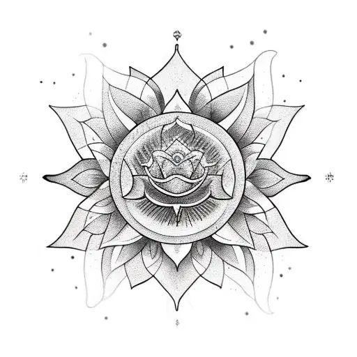 A Blackwork Tattoo Combining Alchemical Symbols With Delicate Lotus Flowers