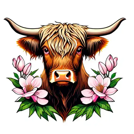 Highland Cow Head With Magnolia Flowera