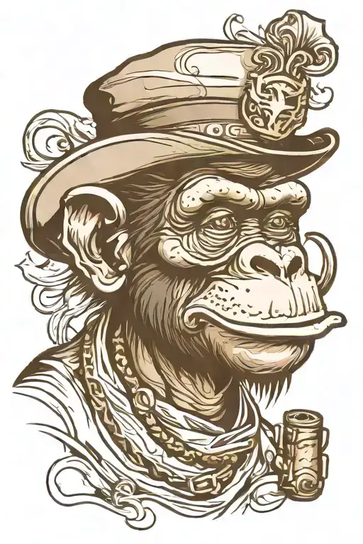 A Face Of A Bonobo Monkey With A Hat Cylinder And A Cigar In His Mouth