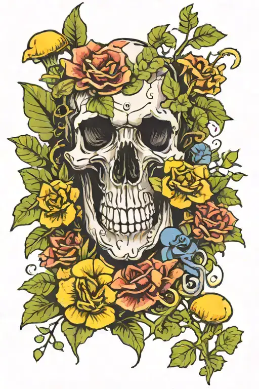 Multicolor Skull And Mushrooms And Plants And Succulents Neo