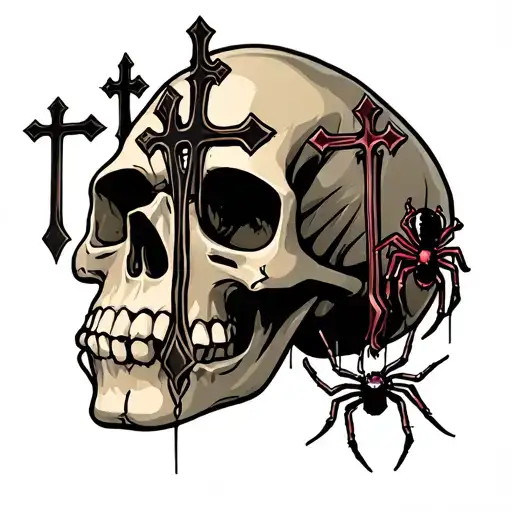 Crosses And Spiders Hanging From Skull