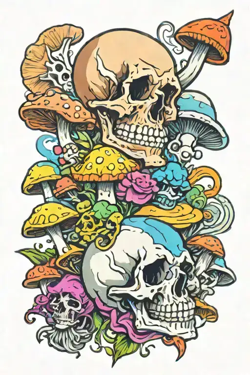 Multicolor Skull And Mushrooms