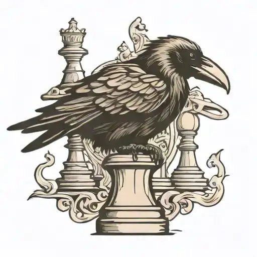 Raven Perched On Top Of Rook Chess Piece