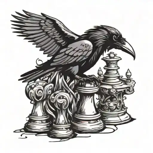 Raven Perched On Top Of Rook Chess Piece