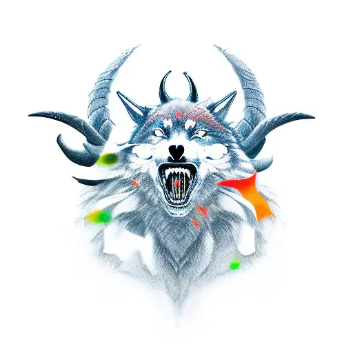 Profile View Of A Wolf Head Howling With Bull Horns