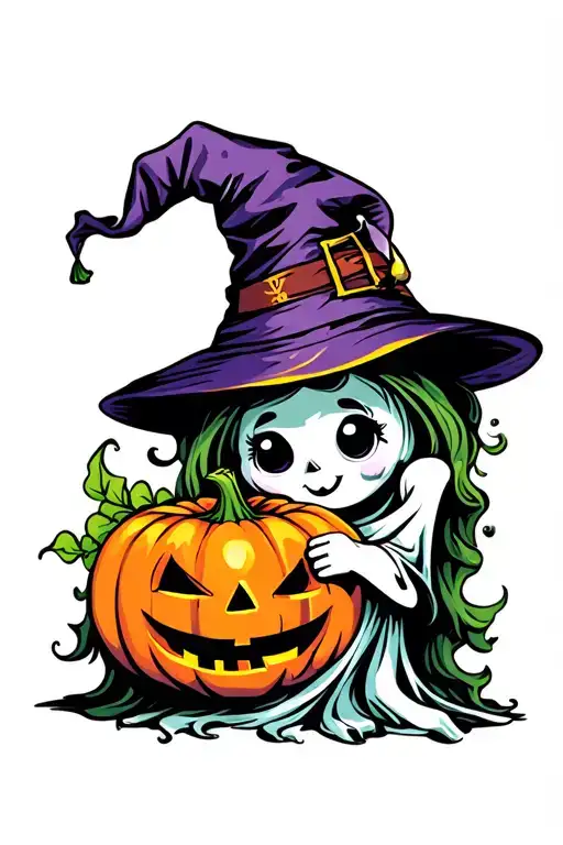 Cute Ghost With Witch Hat Holding A Pumpkin
