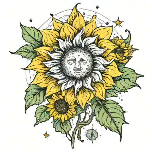 Sunflower With Capricornus Constellation And Libra Constellation In The Center Of The Flower