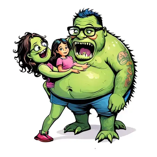 Funny Monster Obese Father With Glasses Holding Monster Daughter