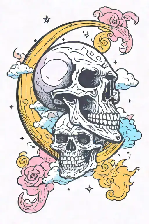 Creepy Skull Crescent Moon With Pastel Clouds Surrounding