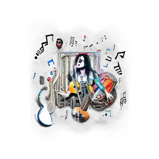 A Surrealistic Portrait Of Alice Cooper Surrounded By Musical Notes And Instruments