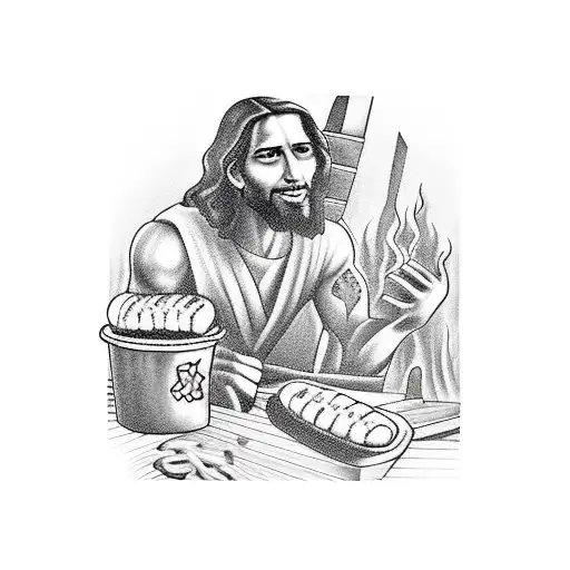 A Tattoo Of Jesus Christ Grilling Burgers And Hot Dogs