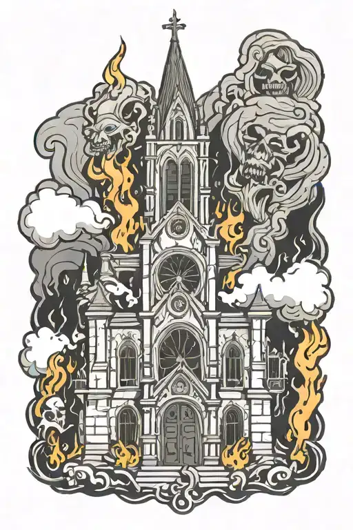Gothic Church On Fire In Hell With Demons