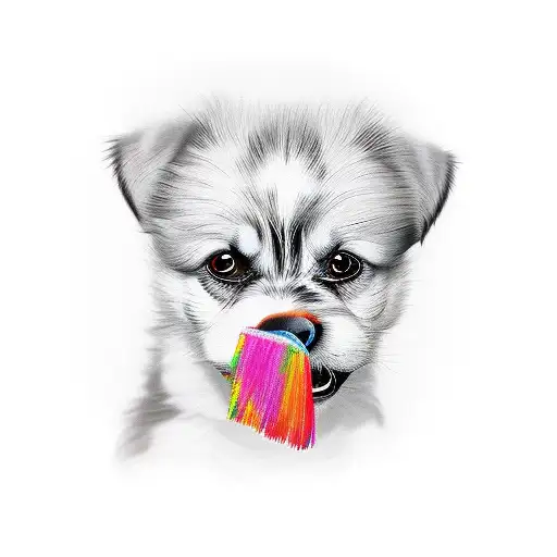 A Lifelike Portrait Of A Dog Holding A Paintbrush In Its Mouth
