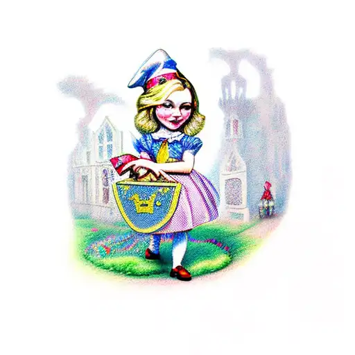 A Whimsical Scene Of Alice In Wonderland Exploring The Streets Of Oxford In An Austin Mini